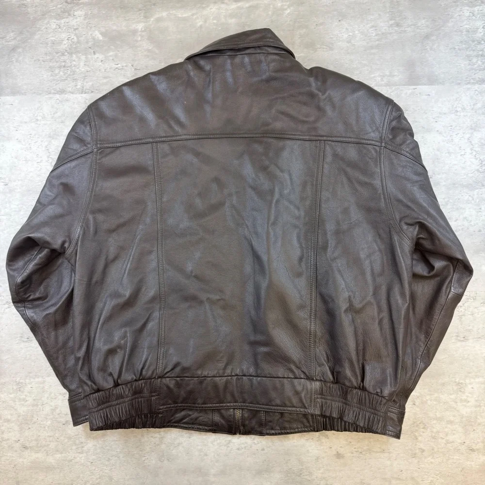 Members Only Mens XL Brown Leather Bomber Jacket Vintage Paisley Lined Full Zip